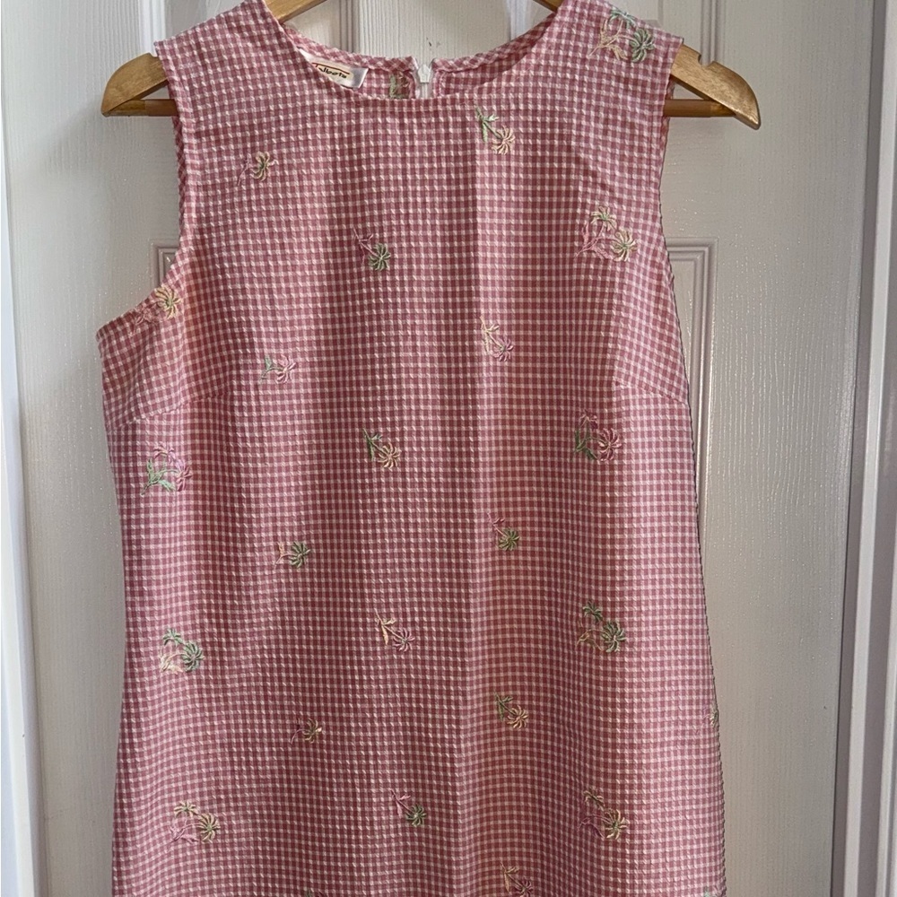 Gingham Pink White Floral Embroidery Shift Dress 10 Sleeveless Feminine Spring